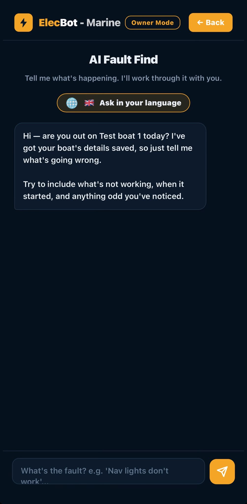 AI Fault Find chat that already knows the boat's details