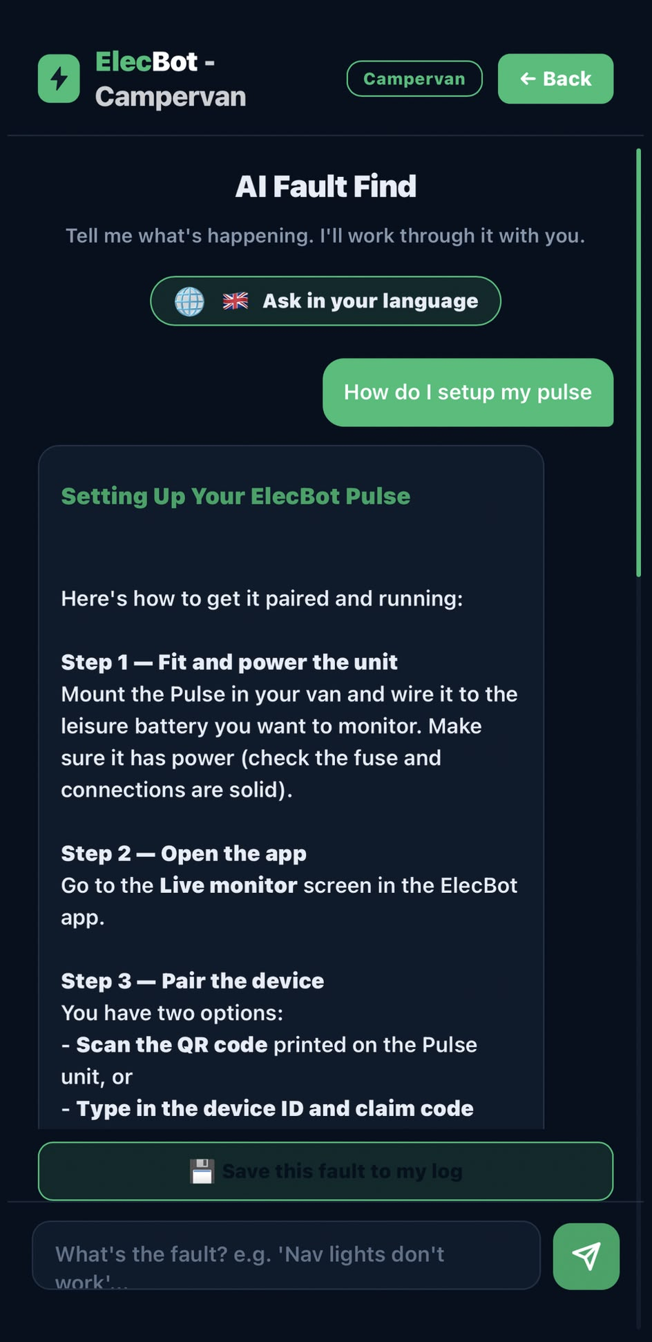 Asking ElecBot how to set up the Pulse — step by step pairing walkthrough