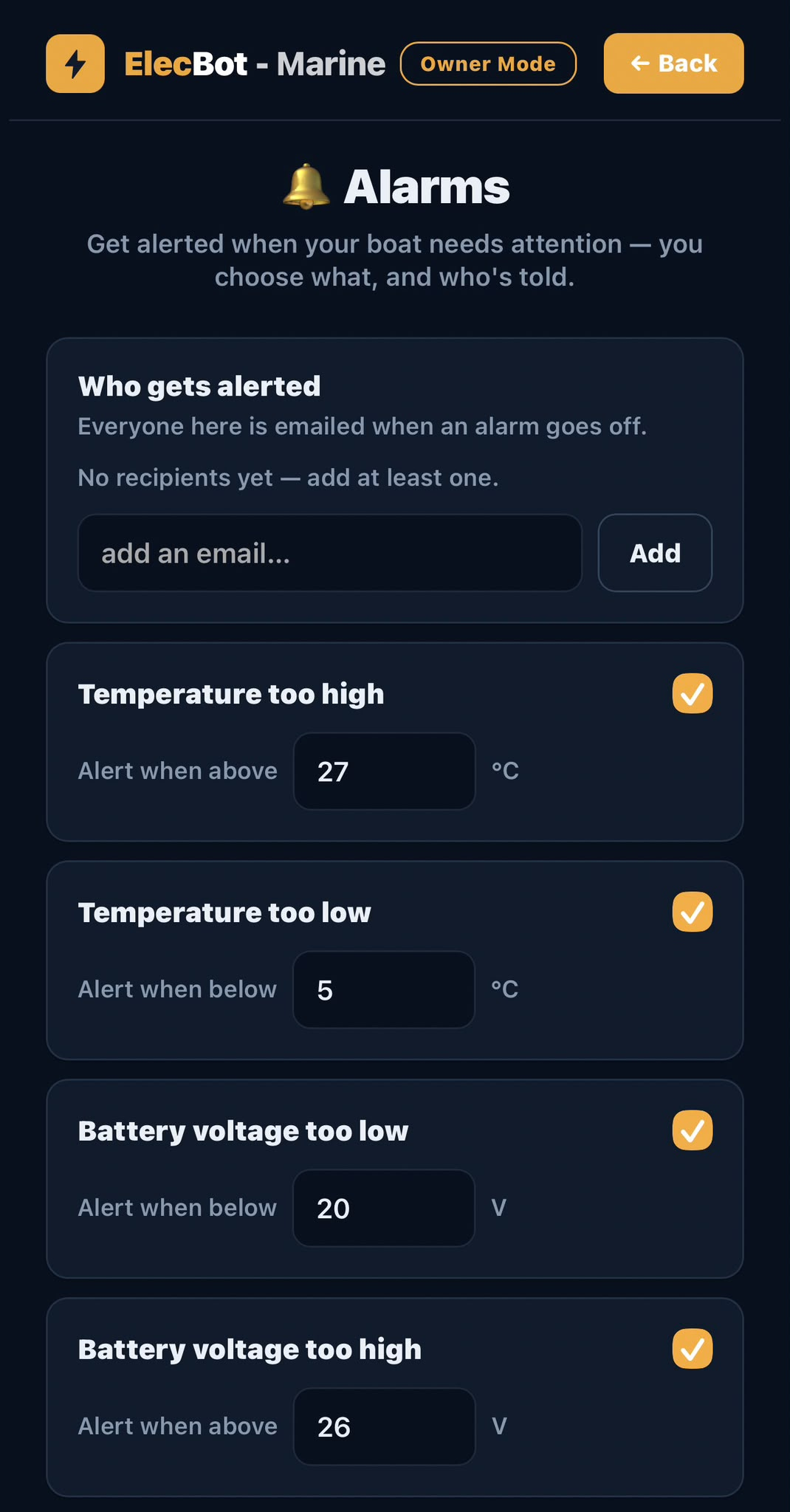 Alarm settings screen where owners set their own thresholds and add email recipients