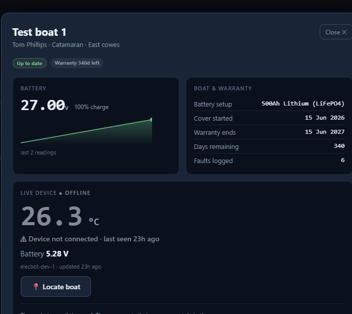 Single boat view with battery reading and warranty details