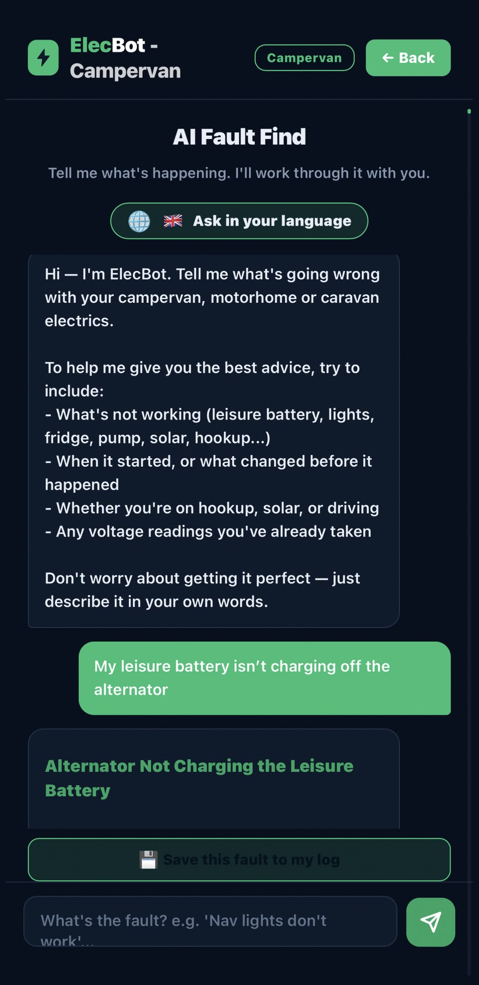 ElecBot Campervan AI diagnosing a leisure battery not charging off the alternator