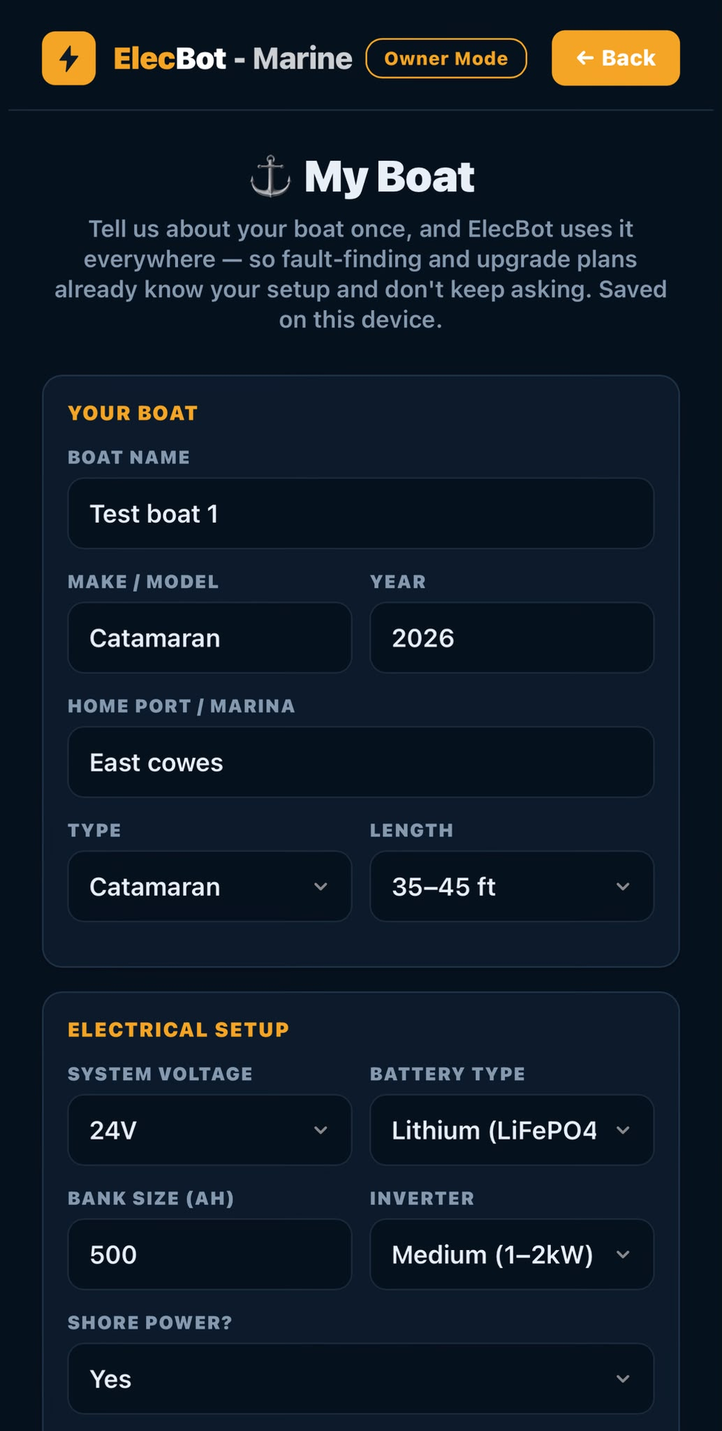 My Boat setup screen with saved make, length, system voltage and battery details