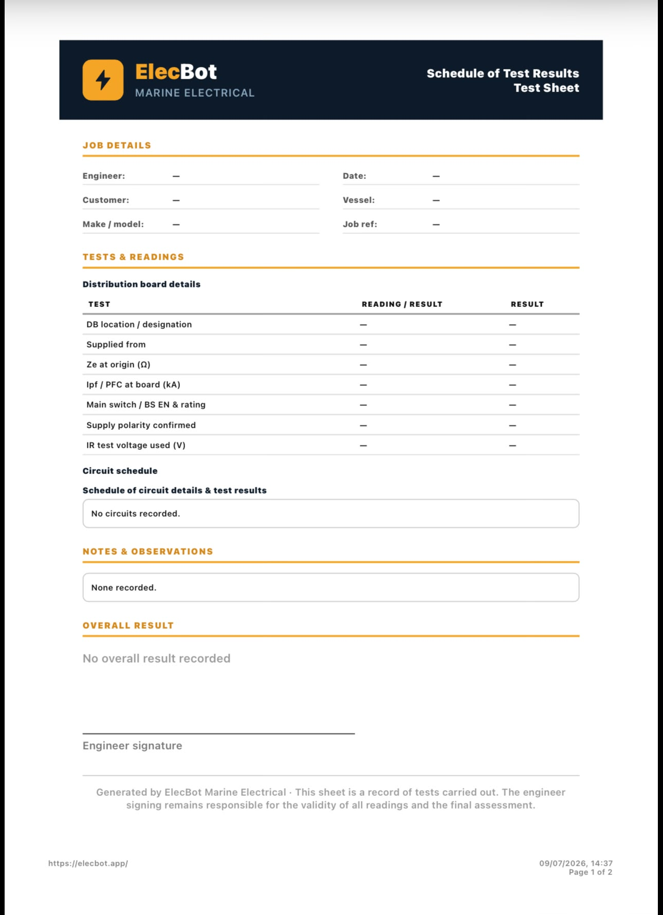 ElecBot marine electrical test sheet — schedule of test results PDF
